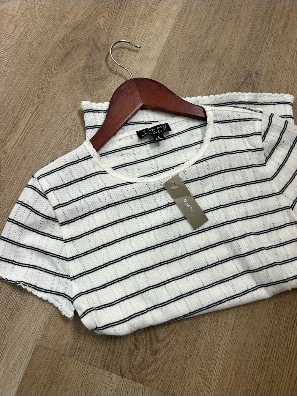 NWT J. Crew 100% Cotton Pointelle Knit White Black Striped Crew Neck T - Shirt